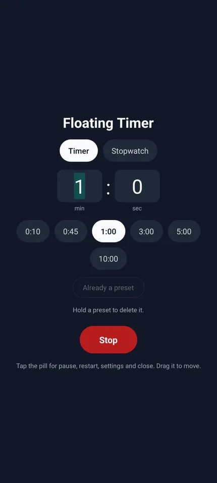 Main screen: timer or stopwatch, duration fields, presets and alert settings
