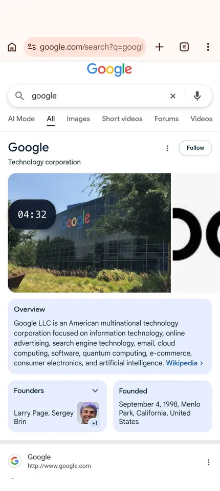 The timer pill counting down at 04:32 on top of a Chrome search page